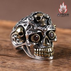 画像2: Antique Jewelry S925 純銀 髑髏 スカル パンク ゴシック メンズ 指輪 人差し指 リング オープン サイズ調整可能 ヴィンテージ アンティーク加工 レトロ 錆風デザイン (2)