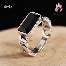 画像2: Antique Jewelry S925 純銀 メンズリング 編み込みデザイン 光沢スクエア ブラックオニキス サファイア レトロシンプル 指輪 アクセサリー (2)