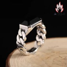 画像3: Antique Jewelry S925 純銀 メンズリング 編み込みデザイン 光沢スクエア ブラックオニキス サファイア レトロシンプル 指輪 アクセサリー (3)
