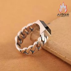 画像4: Antique Jewelry S925 純銀 メンズリング 編み込みデザイン 光沢スクエア ブラックオニキス サファイア レトロシンプル 指輪 アクセサリー (4)