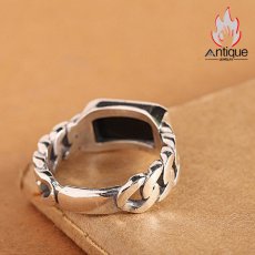 画像5: Antique Jewelry S925 純銀 メンズリング 編み込みデザイン 光沢スクエア ブラックオニキス サファイア レトロシンプル 指輪 アクセサリー (5)