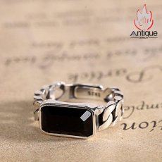 画像6: Antique Jewelry S925 純銀 メンズリング 編み込みデザイン 光沢スクエア ブラックオニキス サファイア レトロシンプル 指輪 アクセサリー (6)