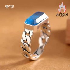 画像8: Antique Jewelry S925 純銀 メンズリング 編み込みデザイン 光沢スクエア ブラックオニキス サファイア レトロシンプル 指輪 アクセサリー (8)