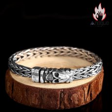 画像2: Antique Jewelry S925 純銀 レトロファッション 厚手ツイスト編み込み メンズブレスレット スカルドクロ バイカースタイル 個性アクセサリー (2)