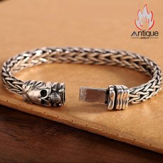 画像4: Antique Jewelry S925 純銀 レトロファッション 厚手ツイスト編み込み メンズブレスレット スカルドクロ バイカースタイル 個性アクセサリー (4)