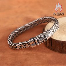 画像7: Antique Jewelry S925 純銀 レトロファッション 厚手ツイスト編み込み メンズブレスレット スカルドクロ バイカースタイル 個性アクセサリー (7)