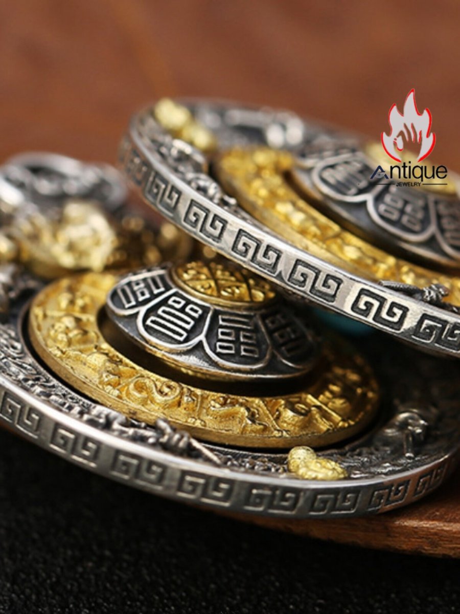 画像4: Antique Jewelry S925 シルバー 職人鍛造 九宮八卦紋 十二支デザイン 金剛杵 回転式ペンダント ネックレス ユニセックス お守り風 個性ファッションアクセサリー (4)