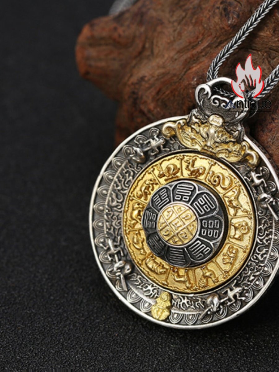 画像5: Antique Jewelry S925 シルバー 職人鍛造 九宮八卦紋 十二支デザイン 金剛杵 回転式ペンダント ネックレス ユニセックス お守り風 個性ファッションアクセサリー (5)