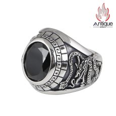 画像1: Antique Jewelry S925 純銀 青龍 白虎 四神獣モチーフ ブラックオニキス メンズオープンリング シンプル重厚感 ファッション個性デザイン 指輪アクセサリー (1)