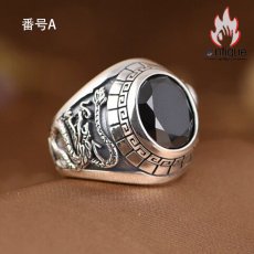 画像2: Antique Jewelry S925 純銀 青龍 白虎 四神獣モチーフ ブラックオニキス メンズオープンリング シンプル重厚感 ファッション個性デザイン 指輪アクセサリー (2)