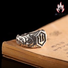 画像3: Antique Jewelry S925 純銀 ポセイドン トライデント 三叉槍モチーフ 欧米ファッション パンクスタイル メンズリング オープン サイズ調整可能 個性アクセサリー (3)