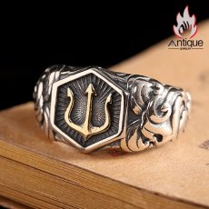 画像4: Antique Jewelry S925 純銀 ポセイドン トライデント 三叉槍モチーフ 欧米ファッション パンクスタイル メンズリング オープン サイズ調整可能 個性アクセサリー (4)