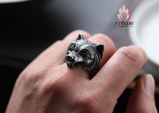 画像10: Antique Jewelry S925 純銀 ウルフトーテム 精密彫刻デザイン オオカミ顔モチーフ メンズリング 個性存在感ある指輪アクセサリー (10)