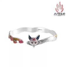 画像1: Antique Jewelry S999 純銀 手彫り 九尾狐 七宝焼き ブレスレット 小キツネモチーフ レディース オープン式 指輪＆バングル ファッション個性アクセサリー (1)