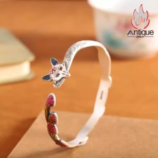 画像3: Antique Jewelry S999 純銀 手彫り 九尾狐 七宝焼き ブレスレット 小キツネモチーフ レディース オープン式 指輪＆バングル ファッション個性アクセサリー (3)