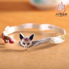 画像4: Antique Jewelry S999 純銀 手彫り 九尾狐 七宝焼き ブレスレット 小キツネモチーフ レディース オープン式 指輪＆バングル ファッション個性アクセサリー (4)