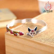 画像5: Antique Jewelry S999 純銀 手彫り 九尾狐 七宝焼き ブレスレット 小キツネモチーフ レディース オープン式 指輪＆バングル ファッション個性アクセサリー (5)
