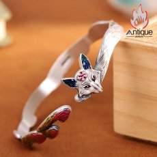 画像6: Antique Jewelry S999 純銀 手彫り 九尾狐 七宝焼き ブレスレット 小キツネモチーフ レディース オープン式 指輪＆バングル ファッション個性アクセサリー (6)