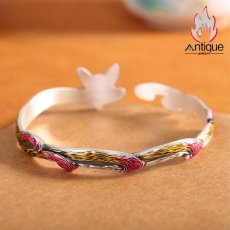 画像7: Antique Jewelry S999 純銀 手彫り 九尾狐 七宝焼き ブレスレット 小キツネモチーフ レディース オープン式 指輪＆バングル ファッション個性アクセサリー (7)