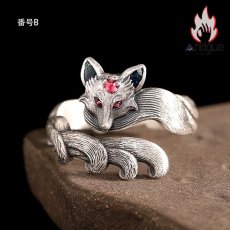 画像8: Antique Jewelry S999 純銀 手彫り 九尾狐 七宝焼き ブレスレット 小キツネモチーフ レディース オープン式 指輪＆バングル ファッション個性アクセサリー (8)
