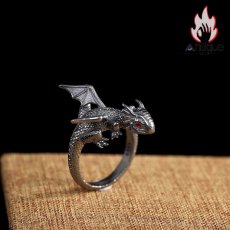 画像4: Antique Jewelry S925 純銀 ドラゴン 飛竜モチーフ リング ユニセックス 男女兼用 オープン サイズ調整可能 ファッション 個性デザイン 指輪アクセサリー (4)
