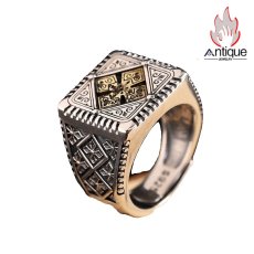 画像1: Antique Jewelry S925 シルバー 十字軍クロス 花柄リング インデックス指輪 パンクレトロ メンズ サイズ調整可能 (1)