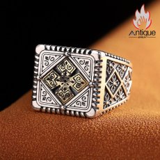 画像3: Antique Jewelry S925 シルバー 十字軍クロス 花柄リング インデックス指輪 パンクレトロ メンズ サイズ調整可能 (3)