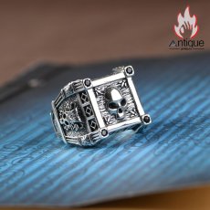 画像3: Antique Jewelry S925 純銀 メンズリング スカルドクロ キュービックジルコニア埋め込み パンクスタイル オープン調整可能 個性デザイン 指輪アクセサリー (3)