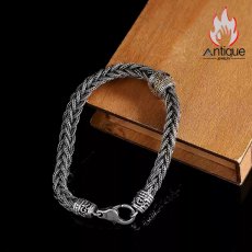 画像4: Antique Jewelry S925 シルバー 編み込みクロス ブレスレット メンズ 回転式 六字真言 梵字デザイン 個性的 おしゃれアクセサリー (4)