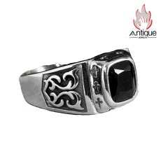 画像1: Antique Jewelry S925 純銀 メンズリング クロス ブラックオニキス 古木蔦模様 レトロおしゃれ オープンアジャスタブル ペア シンプルデザイン 指輪アクセサリー (1)