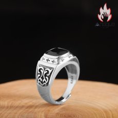 画像3: Antique Jewelry S925 純銀 メンズリング クロス ブラックオニキス 古木蔦模様 レトロおしゃれ オープンアジャスタブル ペア シンプルデザイン 指輪アクセサリー (3)