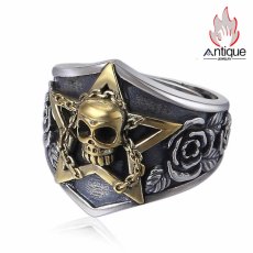 画像1: Antique Jewelry S925 純銀 ドクロ 星 チェーン バラ モチーフ リング ユニセックス 男女兼用 レトロ 個性デザイン おしゃれアクセサリー (1)
