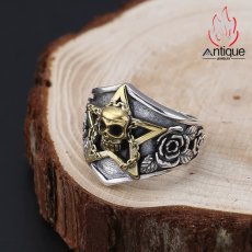画像3: Antique Jewelry S925 純銀 ドクロ 星 チェーン バラ モチーフ リング ユニセックス 男女兼用 レトロ 個性デザイン おしゃれアクセサリー (3)