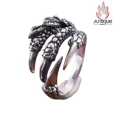画像1: Antique Jewelry S925 シルバー ドラゴンクロー オープンリング メンズ ゴシック調 鷹爪 & フェザーデザイン ユニセックスリング (1)