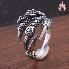画像2: Antique Jewelry S925 シルバー ドラゴンクロー オープンリング メンズ ゴシック調 鷹爪 & フェザーデザイン ユニセックスリング (2)