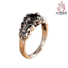 画像1: Antique Jewelry S925 シルバー 十字薔薇 オニキスリング オープンバンド ゴシック ヴィンテージ ユニセックス (1)