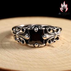 画像3: Antique Jewelry S925 シルバー 十字薔薇 オニキスリング オープンバンド ゴシック ヴィンテージ ユニセックス (3)