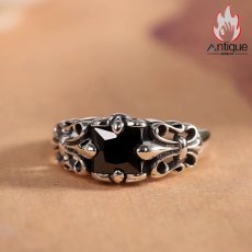 画像4: Antique Jewelry S925 シルバー 十字薔薇 オニキスリング オープンバンド ゴシック ヴィンテージ ユニセックス (4)