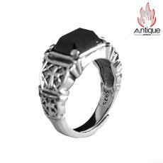画像1: Antique Jewelry S925 シルバー クロスリング メンズ ヒップホップ調 黒オニキス 個性的ヴィンテージリング (1)