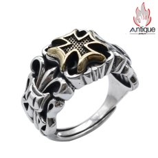 画像1: Antique Jewelry S925 シルバーアクセサリー 十字薔薇 × ゴールドクロス ゴシック オープンバンド メンズリング (1)