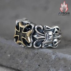 画像2: Antique Jewelry S925 シルバーアクセサリー 十字薔薇 × ゴールドクロス ゴシック オープンバンド メンズリング (2)