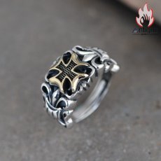 画像3: Antique Jewelry S925 シルバーアクセサリー 十字薔薇 × ゴールドクロス ゴシック オープンバンド メンズリング (3)