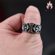 画像8: Antique Jewelry S925 シルバーアクセサリー 十字薔薇 × ゴールドクロス ゴシック オープンバンド メンズリング (8)