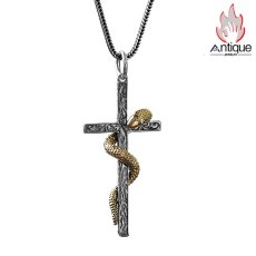 画像1: Antique Jewelry S925 シルバー製 クロスに蛇が纏うペンダント ヴィンテージ ゴシック メンズネックレス (1)