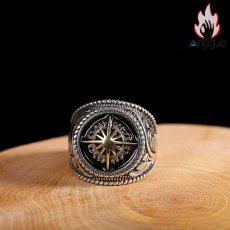 画像4: Antique Jewelry S925 シルバー サンフラワースターデザイン メンズオープンリング レトロゴシック調 精密仕上げリング (4)
