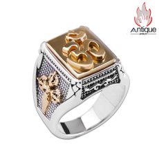 画像1: Antique Jewelry S925 シルバー 不動明王デザインリング ゴールドカラー金剛杵 メンズ レトロリング (1)