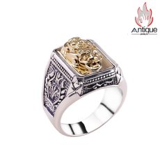 画像1: Antique Jewelry S925 シルバー 光面オリーブブランチ ゴールドカラー貔貅 ヴィンテージ加工 メンズリング (1)