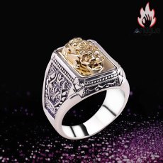 画像2: Antique Jewelry S925 シルバー 光面オリーブブランチ ゴールドカラー貔貅 ヴィンテージ加工 メンズリング (2)