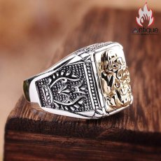 画像3: Antique Jewelry S925 シルバー 光面オリーブブランチ ゴールドカラー貔貅 ヴィンテージ加工 メンズリング (3)