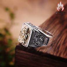 画像4: Antique Jewelry S925 シルバー 光面オリーブブランチ ゴールドカラー貔貅 ヴィンテージ加工 メンズリング (4)